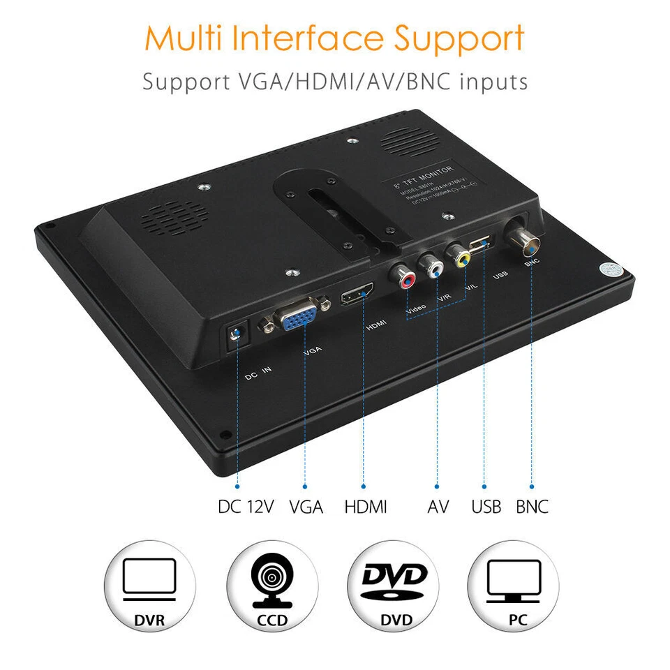 8" AUDIO LCD Color Display Monitor HDMI VGA BNC AV For PC CCTV DVR Backup Camera - Image 4 of 4