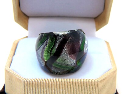 Boho Art Purple & Green Loose Plaid Hand Blown Glass Bling Ring size 8.25