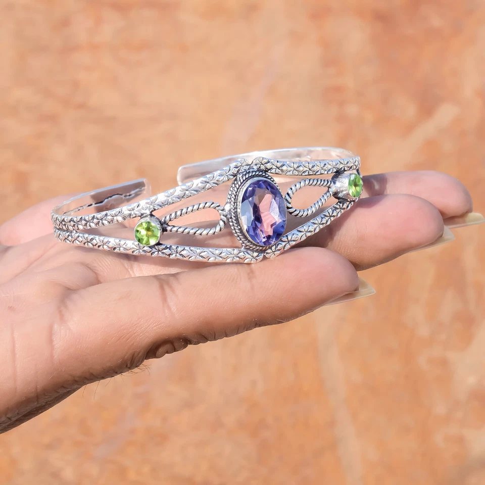 Amethyst Oval Cut & Peridot Cut Gemstone 925 Sterling Silver Bracelet For Anyone - Image 3 of 4