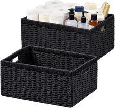 2 Pack Wicker Basket, 16.5L 13H 7.5W Inch Woven Paper Rope Storage Baskets for S