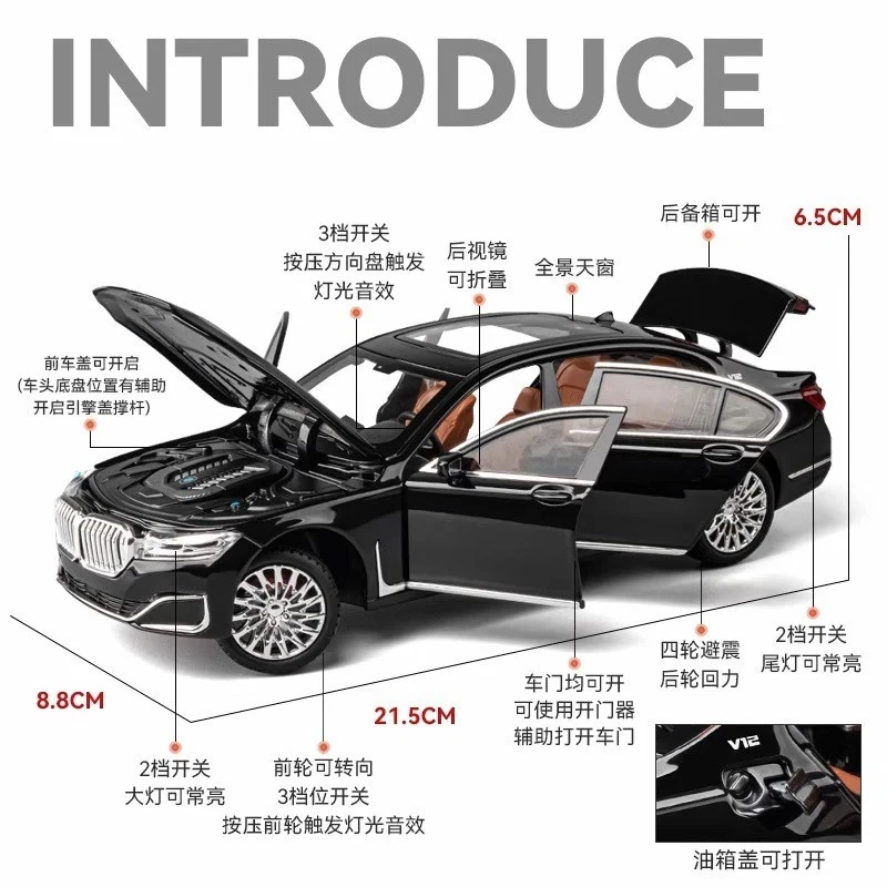 1:24 BMW 7 Series 760 LI 2025 Diecast Car Model Sound Light Kids Birthday Gift - Image 4 of 4