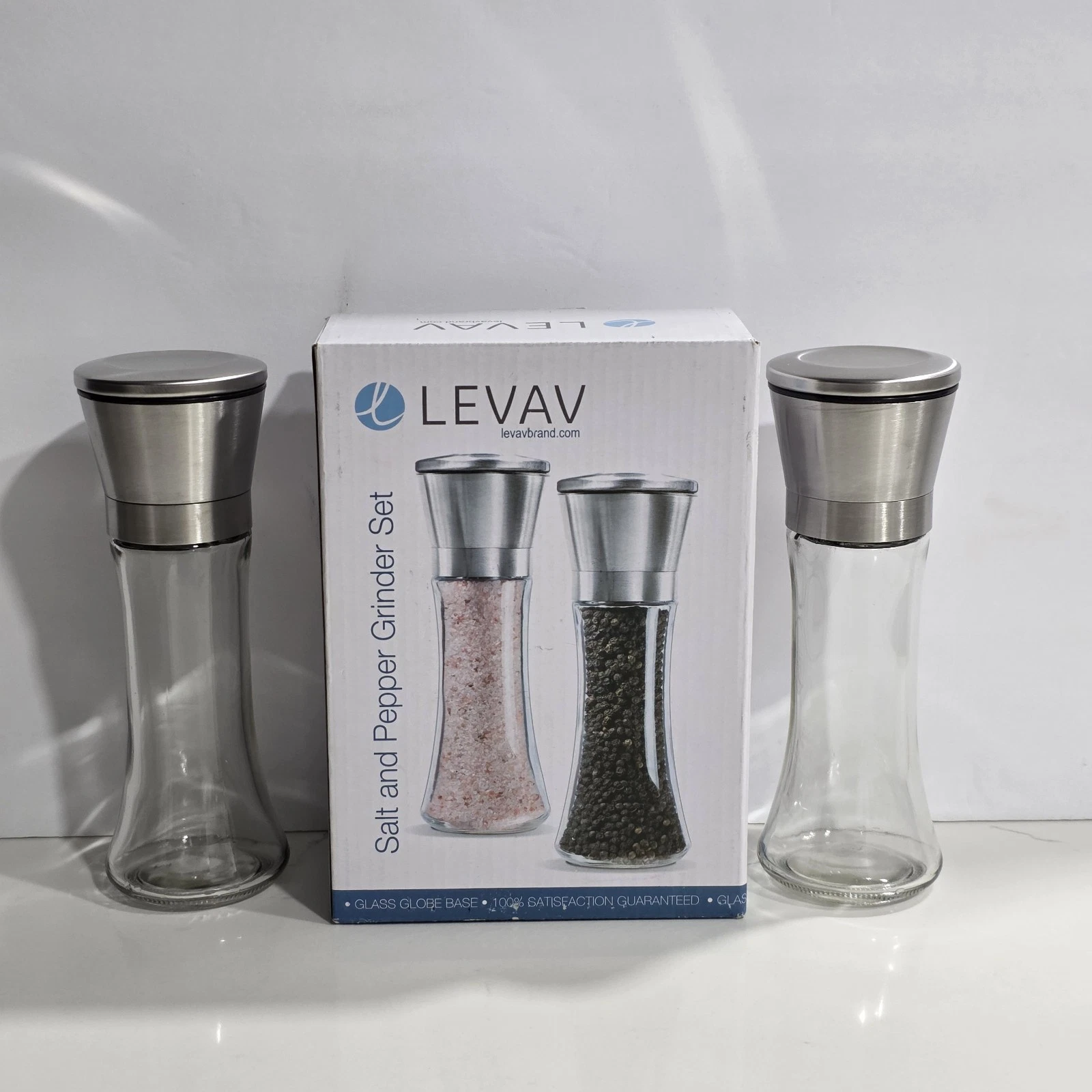 Levav Salt & Pepper Grinder Set Glass Stainless Steel Adjustable Ceramic Rotor