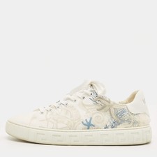 Versace Greca Size 39 White Canvas and Leather Coral Theater Lace Up Sneakers