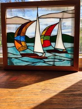 Leaded Stained Glass Window Sun Catcher Sailboat Multicolored Framed