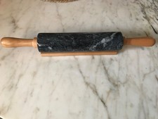 10-Inch Barrel Black Marble Rolling Pin with Wooden Handles and Cradle