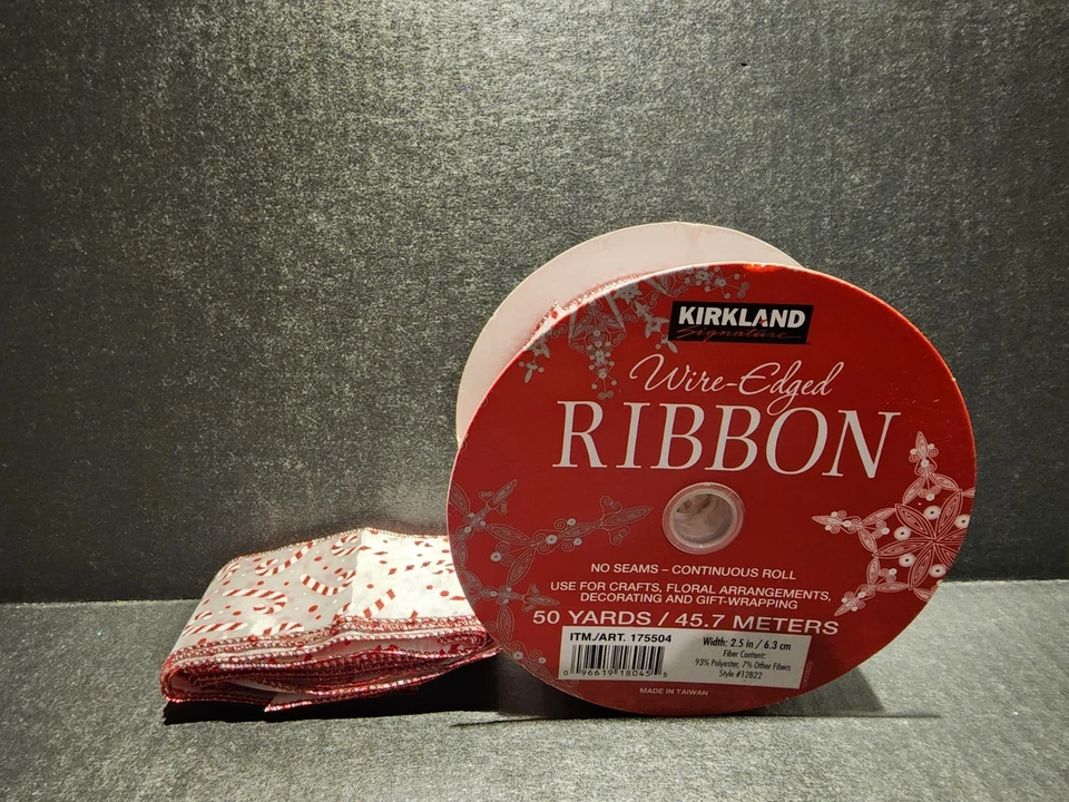 Kirkland Premium Wired Ribbon 50 Yard Roll Partial w/pieces Holiday Candy Canes - Image 3 of 4