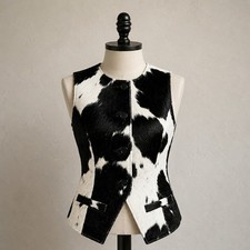 Black  White Hair-On Cowhide Western Vest with Concho Buttons