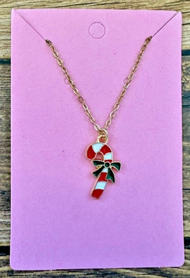 Stainless Steel Gold Cable Chain Necklace 17.75'' Candy Cane Bow Pendant Holiday