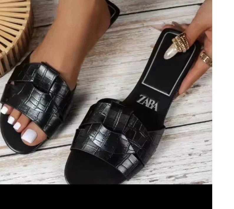 Zara Women's Black Crocodile Embossed Slide Sandals Slip On Casual Flat US 8