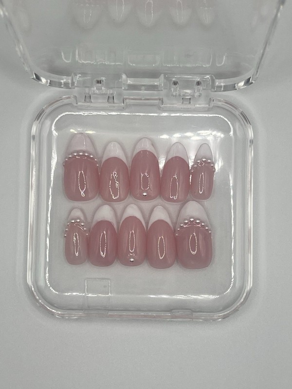 Press-On Nails Pink French Shiny Almond Small Full Cover Set, Glue Included