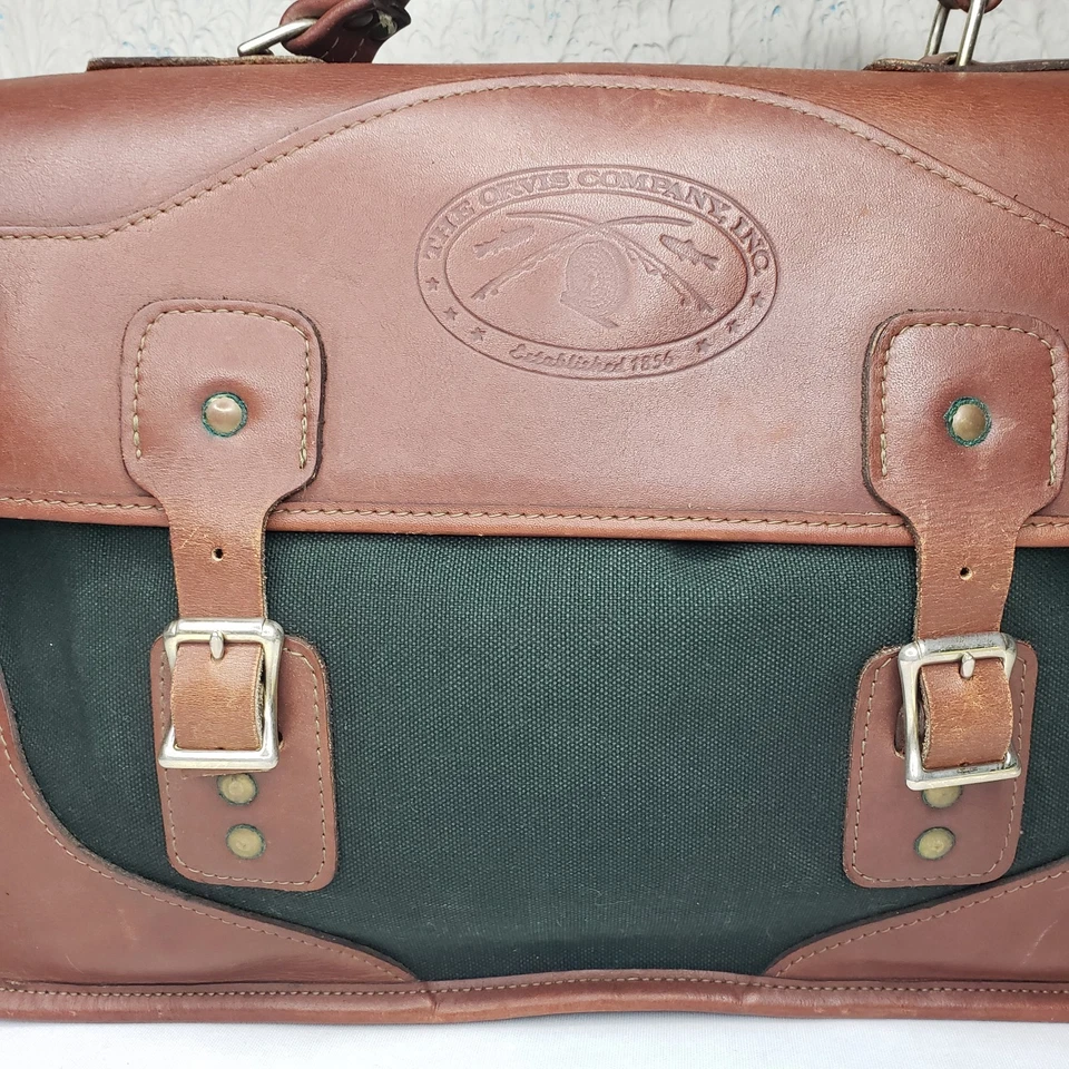 Bolso Orvis Battenkill Verde Lona Cuero Marrón Maletín Bolso Falta Correa DEFECTUOSO Foto 2 de 4