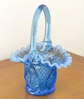Vintage Fenton Cobalt Blue Plytec Pattern Glass Basket With Applied Handle