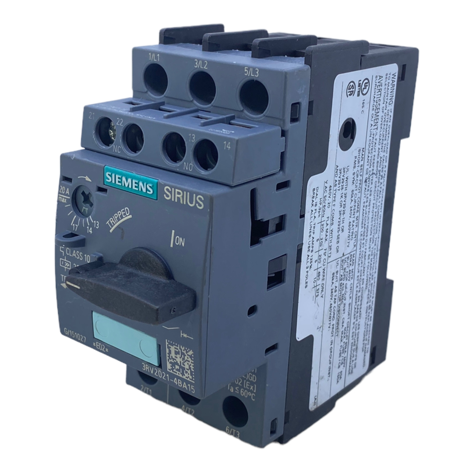 Siemens 3RV2021-4BA15 Circuit Breaker 13-20A 3-Pole 690VAC Switch