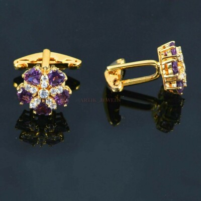 Natural Amethyst Gemstone with Gold Plated 925 Sterling Silver Cufflink #1806
