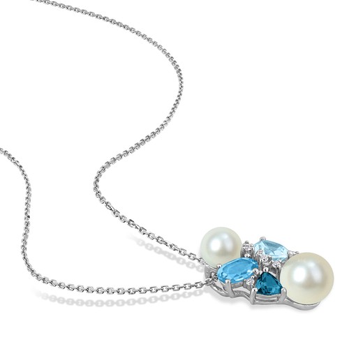 Amour 14K White Gold Topaz Diamond & FW Pearl Earrings, Pendant & Chain Set - Picture 3 of 6