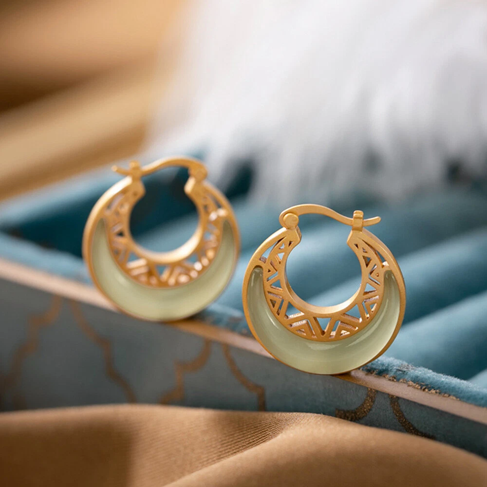 Solid 925 Sterling Silver With Natural Half Moon Shaped Jade Hoop