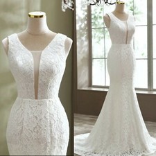 UK White Ivory V Neck Sleeveless Lace Beach Mermaid Wedding Dresses Size 6-18