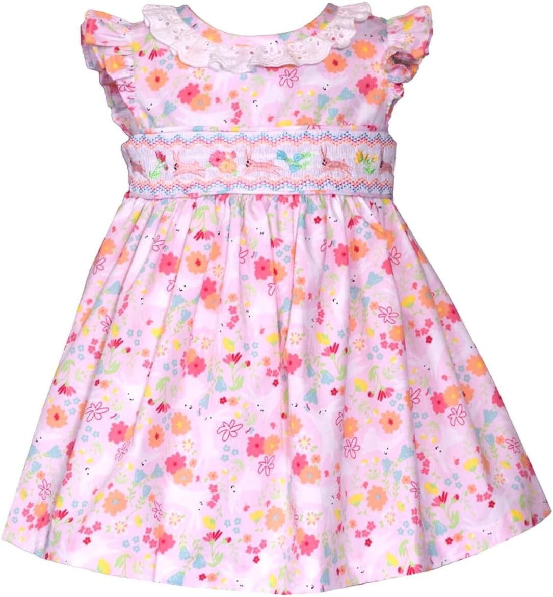 Bonnie Jean Baby or Girls Smocked Easter Dress - Pink Bunny 