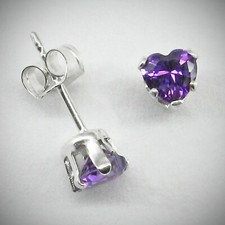 4mm Heart CZ Amethyst Purple Stud Post Earrings in SOLID 925 Sterling Silver