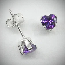 4mm Heart CZ Amethyst Purple Stud Post Earrings in SOLID 925 Sterling Silver