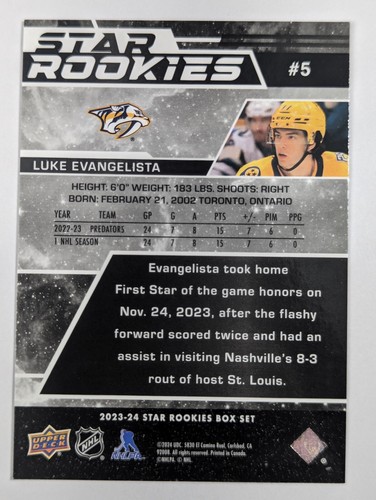 2023-24 Upper Deck Star Rookies Box Set #5 Luke Evangelista Rookie Card RC QTY - Picture 2 of 2