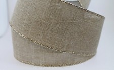 5 YARDS CHRISTMAS BEIGE WITH GOLD EDGE WIRED RIBBON 2 1/2" Wide