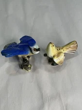 Vtg Ceramic Miniature Bird Figurines Yellow Finch 3” Blue Jay Perched 2.5”