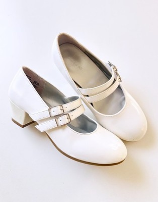 American Eagle Girls' Mary Jane White Faux Leather Patent Heel Dress Shoes