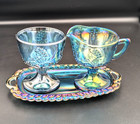 VTG Carnival Glass Creamer-Sugar Bowl-Tray Set Blue Iridescent Harvest Grape 