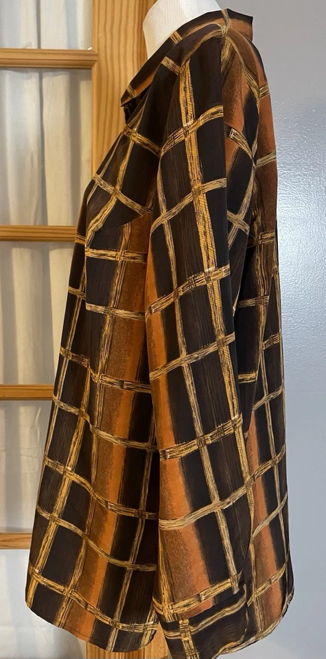 Camisa de satén a cuadros CCC años 80 20 W abotonada beige naranja manga larga carrera hecha en EE. UU. Foto 3 de 4