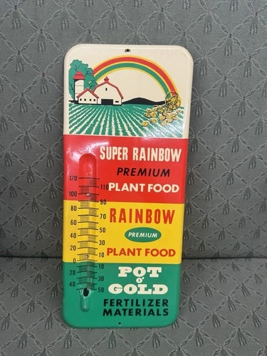 Vintage Super Rainbow Plant Food Original Tin Metal Farm Thermometer Sign 1950s