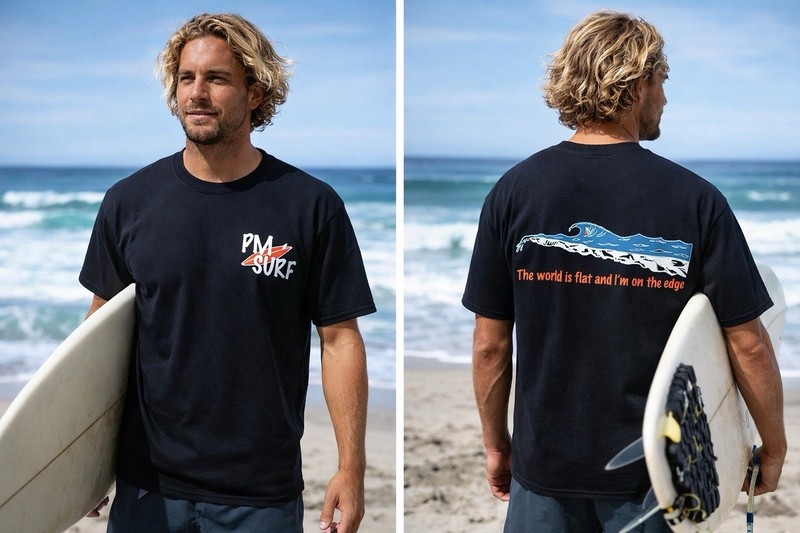 P.M. SURF Midnight Black Graphic Tee Large Silk Screened Surf Lifestyle