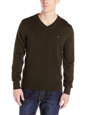 Tommy Hilfiger Men's Knit Ribbed Trim V-Neck Sweater, Green, Size: S