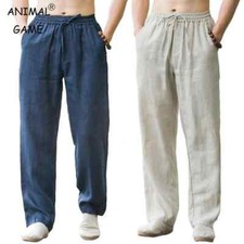 Men's Cotton Linen Loose Pants Solid Color Casual Beach Baggy Trousers Summer