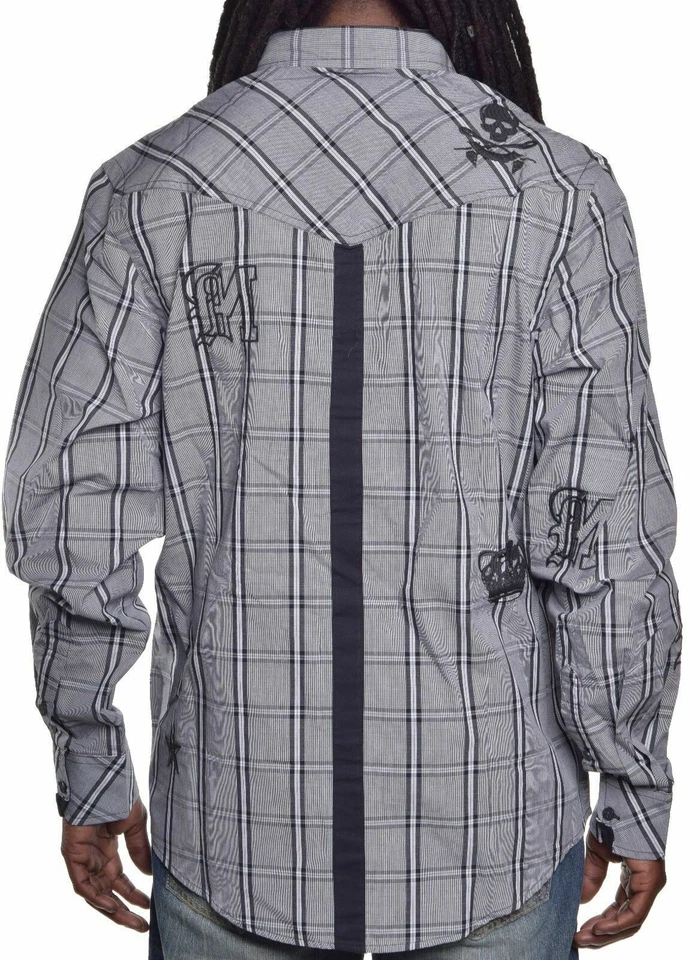 Marc Ecko Mens $68 Skull Gray Plaid Casual Button Up Shirt Medium Y2K - Image 2 of 3