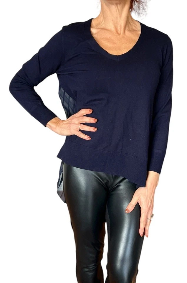 Karen Millen Womens Sweater Blue Sheer Pleated Flowy Back VNeck Pullover sz. 3 M - Image 3 of 4