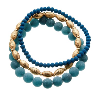 3er Set Armbänder Damen mit blauen und mattgoldenen Perlen - Yori B22-26-25