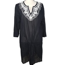 Lands End Embroidered Tunic V-Neck Swim Cover Up Large 14-16 Black Cotton