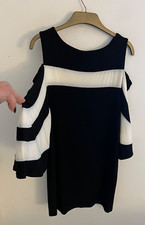 Black White Stripe Off Shoulder Jersey Midi Dress Wide Sleeve Size L