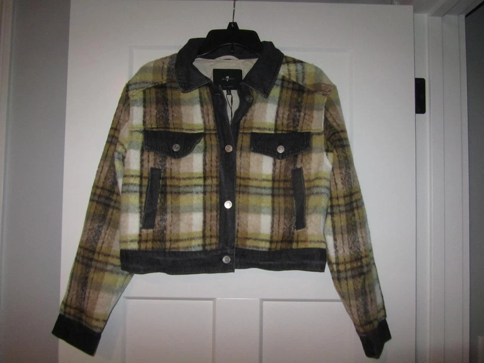 Seven 7 For All Mankind Jacket Denim Faux Fur Plaid Cropped Coat Women's S NEW
