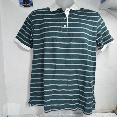 PBX Basics Washed Polo 100% Cotton Green/white Stripe Women's Shirt Size L NEW