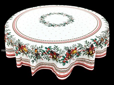 French Provencal Coated Tablecloth Holly, Birds, Bells, Ornaments 90'' France
