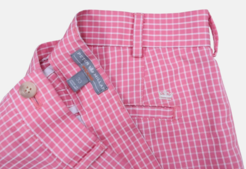PETER MILLAR CROWN SPORT performance wicking mens 32 golf shorts pink check 8.5"