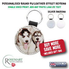 Personalised photo text logo printed round PU leather keyring Gift. Silver