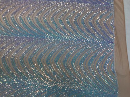 Aqua Iridescent Wave Sequins Design On A 4 Way Stretch Nude Mesh-By Yard - Picture 4 of 9