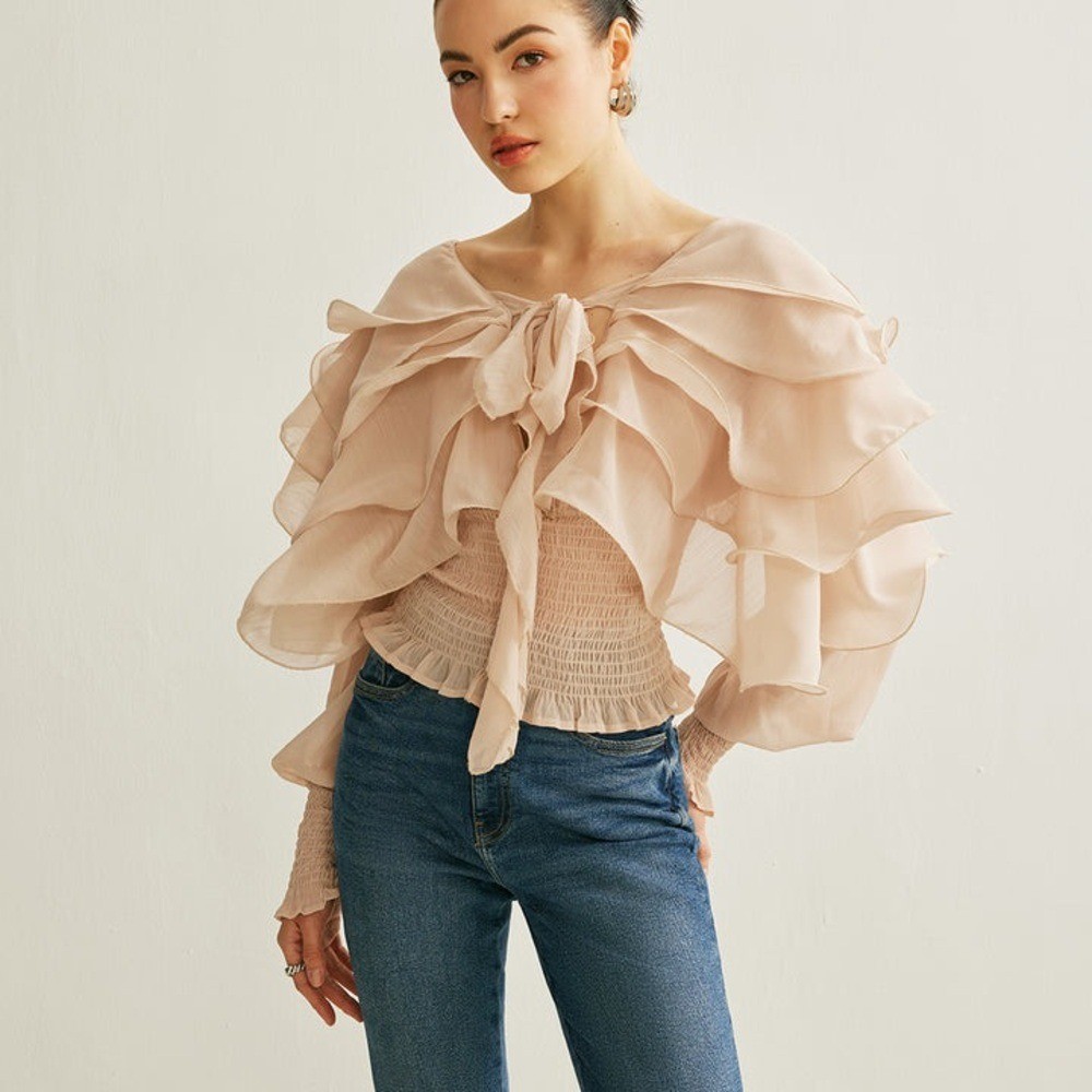 Champagne Semi-Sheer Chiffon Ruffle Backless Blouse by Commense in XS