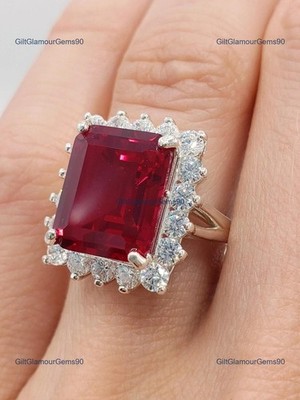 5.94 Ct Natural Red Ruby & Diamond Emerald Cut Engagement Ring 14k White Gold