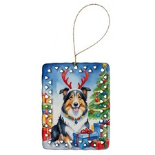 Collie Reindeer Dog Porcelain Ornament