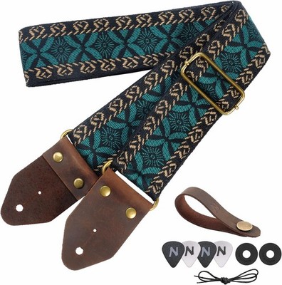 Guitar Strap,Jacquard Embroidery Cotton Guitar Straps with Crazy Horse Leather L