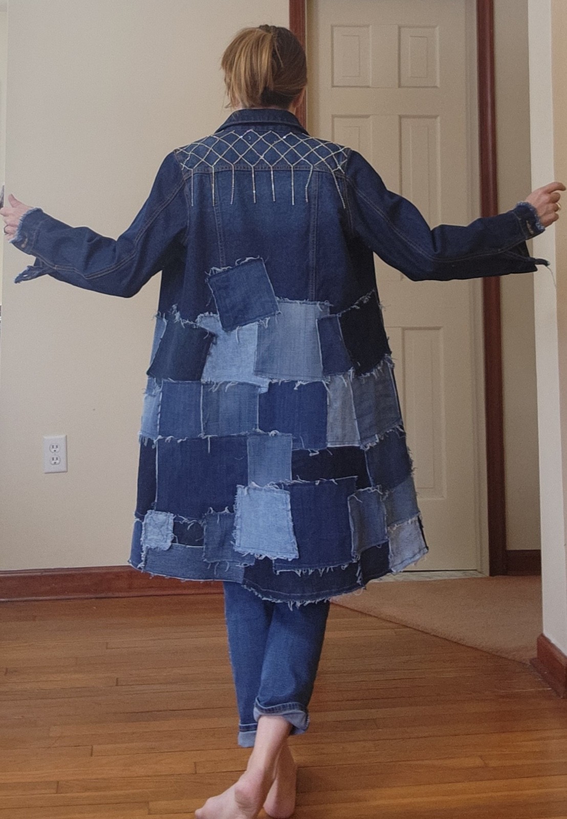 Upcycled Midi Denim Patchwork & Rhinestone Coat J… - image 12